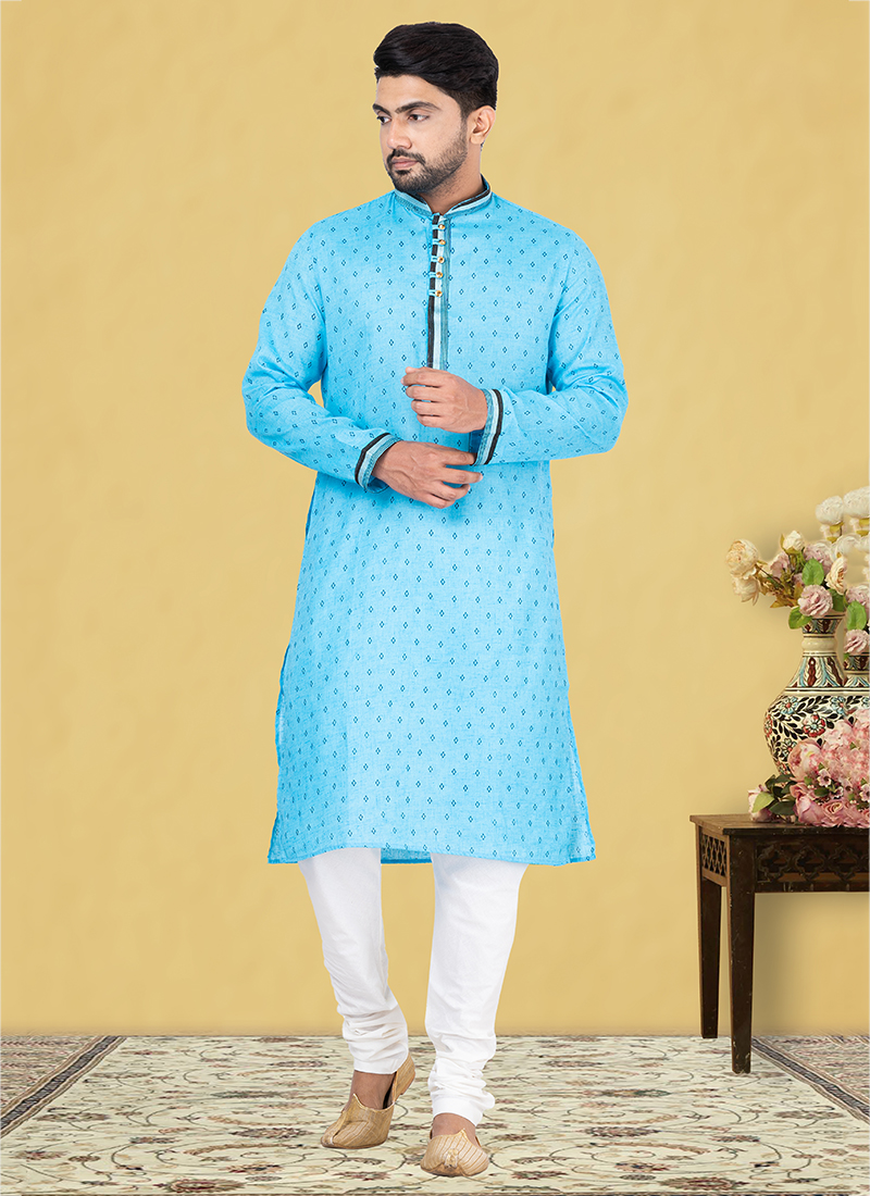 Skyblue Cotton Printed Kurta with Trouser & Linen Dupatta